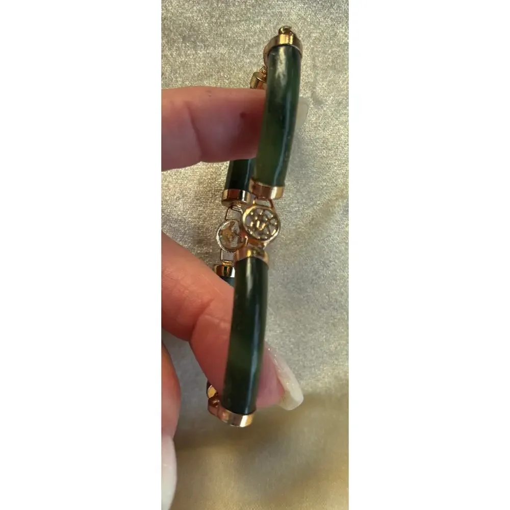 Vintage Jade Bracelet 4 Lucky Wishes Green Nephrite Gold Tone Bangle 7.5